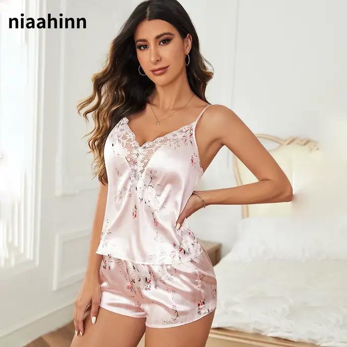 InjSleep-Pyjama sexy en satin et dentelle pour femme, ensemble de vêtements de nuit luxueux, col en V, amissié, nouvelle collection