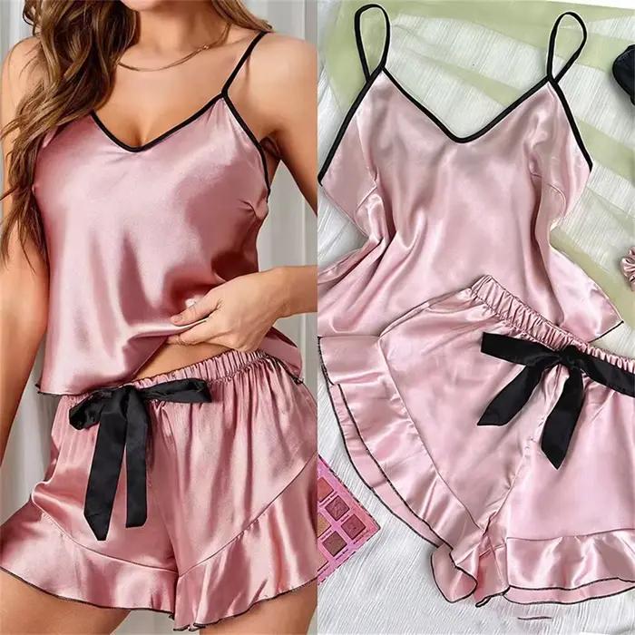 Pyjamas en satin fluide pour femme, sexy, sans manches, shorts, rose noire, pour les nuits d'été et les sorties nocturnes