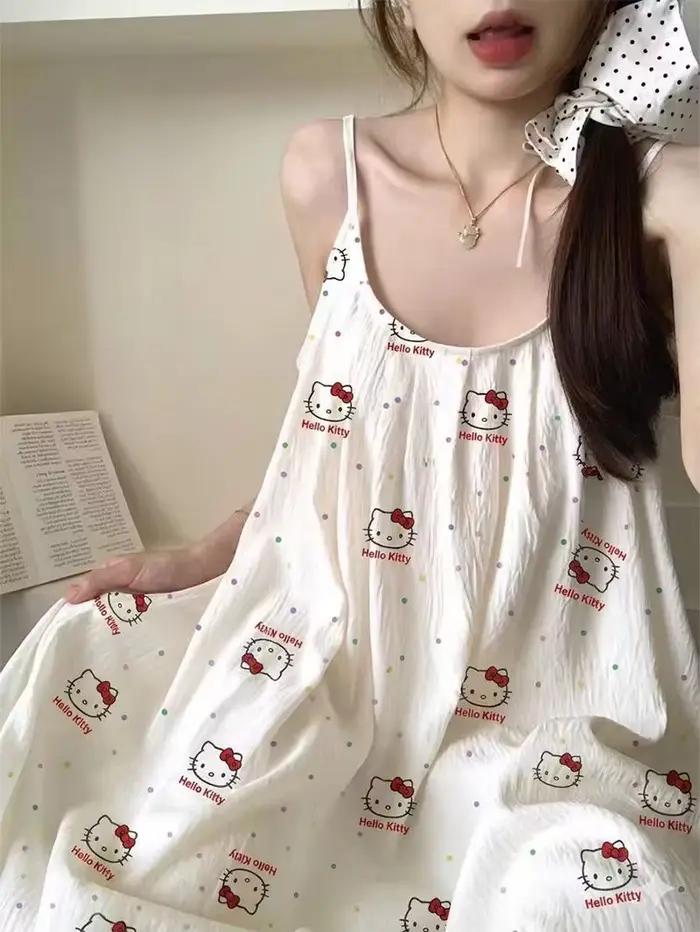 Robe de nuit mi-longue Hello Kitty pour femme avec soutien-gorge intégré, imprimé dessin animé mignon, prête pour l'extérieur, élégante, pour dormir et se détendre