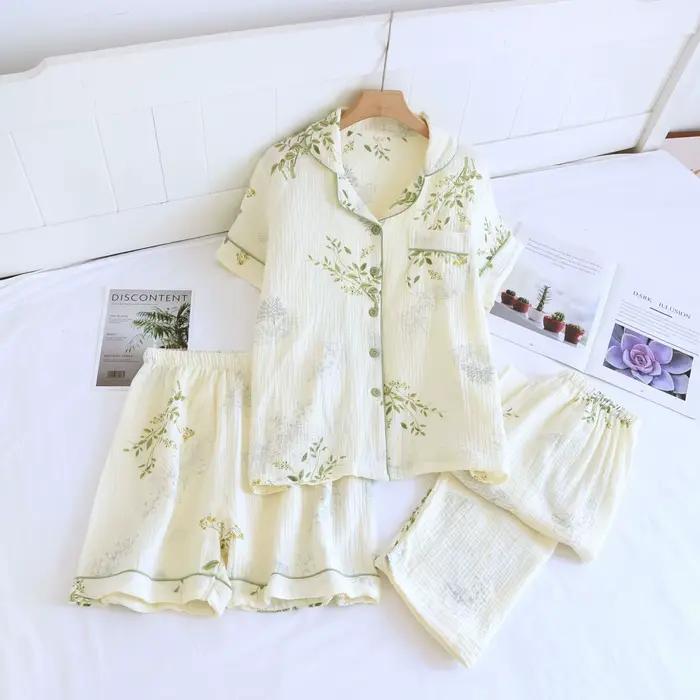 Ensemble pyjama trois pièces en crêpe de coton pur pour femme, manches courtes fines + Short + pantalon Long, nouvelle collection printemps/été 2024, 100%