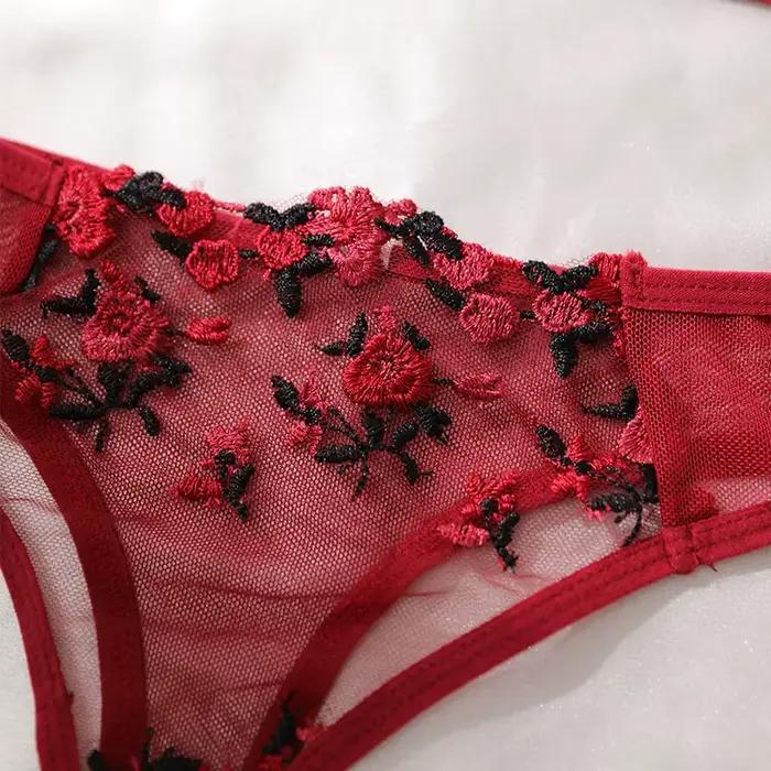 Červené víno Priehľadná čipka s kvetinovým vzorom Dvojdielna dámska Push Up priedelná spodná bielizeň tangá Sexy podprsenka set Erotický kostým