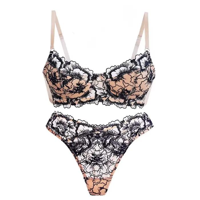 Ensemble de Lingerie Sexy en dentelle brodée pour femmes, avec petits seins, push-up et Anti-affaissement, Ultra-fin, beau ensemble de soutien-gorge au dos