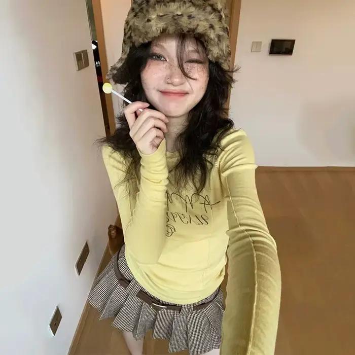 Karr233 Y2K Tričko so žltými rukávmi pre dievčatá Streetwear