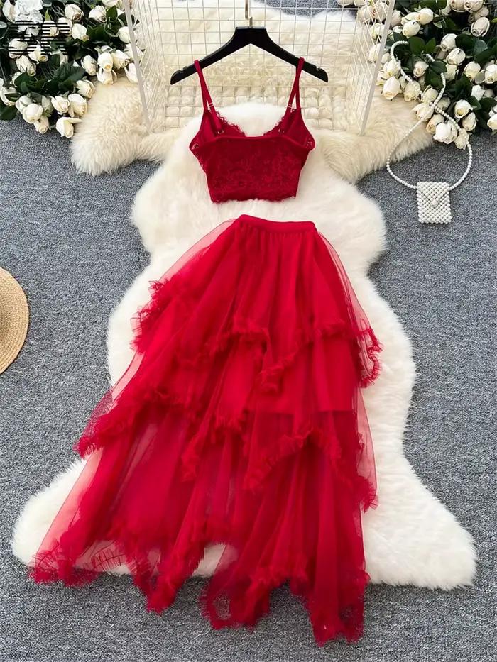 SINGREINY – costume deux pièces Sexy en dentelle pour femmes, Camisole sans bretelles + jupe à taille élastique irrégulière, ensembles de fête en gaze à la mode
