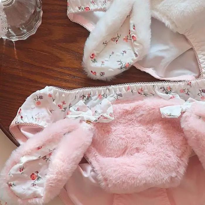 Culottes en velours avec oreilles de lapin et nœud, mignonnes, en peluche, style Lolita, pour femme, douces, chaudes, avec entrejambe en pur coton, taille moyenne