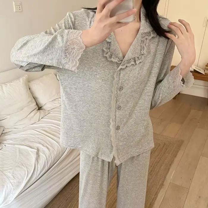 Nouveaux pyjamas pour femmes 2026 – Ensemble deux pièces en modal et dentelle à petit col, cardigan à manches longues, idéal printemps-automne