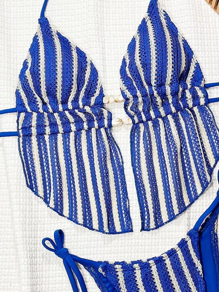 Maillot de bain deux pièces vintage triangle 2026 pour femme, bleu rayé, ajouré, avec pierres, push-up, haut court, tenue de plage
