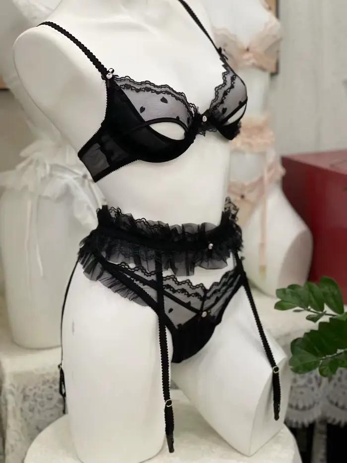 Ensemble de lingerie féminine en dentelle rose et noire avec soutien-gorge push-up et culotte jarretières pour femmes sexy occassions spéciales