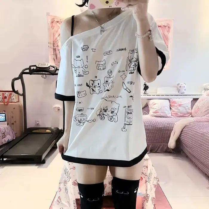 Japonská Y2k subkultúra roztomilé tričko s odhalenými ramenami biele krátke rukávy letné