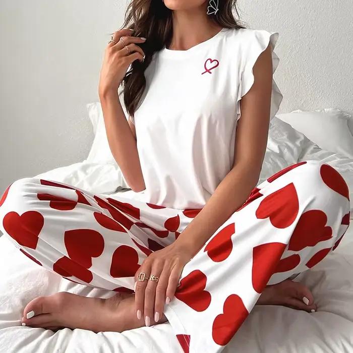 Ensemble de pyjama imprimé cœur et lettre pour femme, manches courtes, pantalon taille élastique, vêtements de maison décontractés