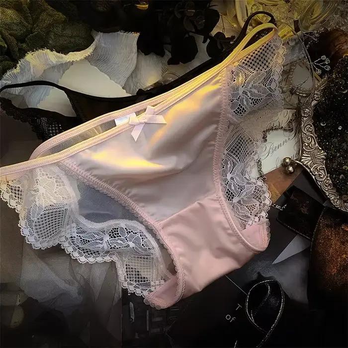 Hedvábné dievčatá Saténové nohavičky tenké slipy remienok čipka mašľa Sexy Lingerie spodná bielizeň pre ženy sieťovaná