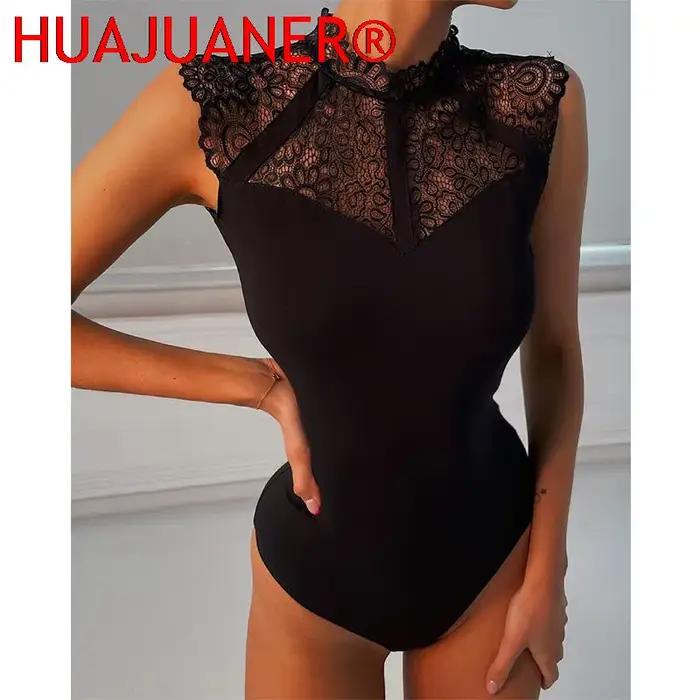Femmes Sexy noir dentelle body barboteuses sans manches Slinky nouvelle mode moulante Wrap body
