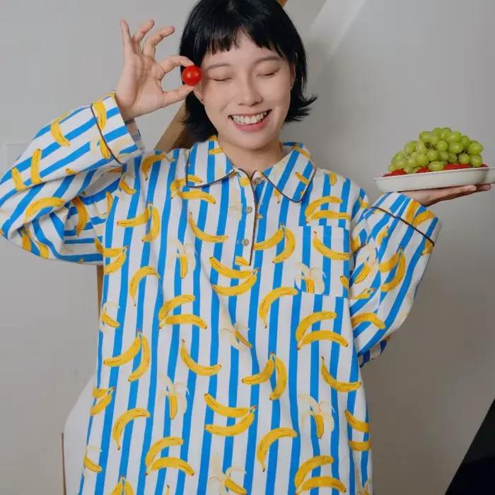 Rayé banane pyjama ensemble femmes mignon dessin animé fruits vêtements de nuit 100% coton à manches longues vêtements de détente 2 pièces automne Homewear Femme