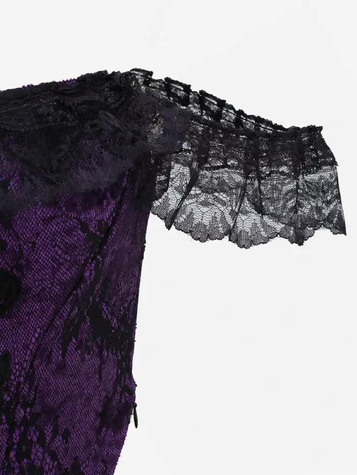 Corset gothique sans bretelles, superposition de dentelle florale, épaules dénudées, paillettes scintillantes, ourlet à boucle
