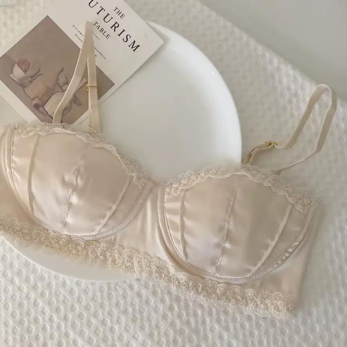 Soutien-gorge en soie et polyester pour femmes, dentelle, tasse 3/4, sans couture, fermeture dos, bretelles ajustables, confortable pour petites poitrines, lingerie féminine
