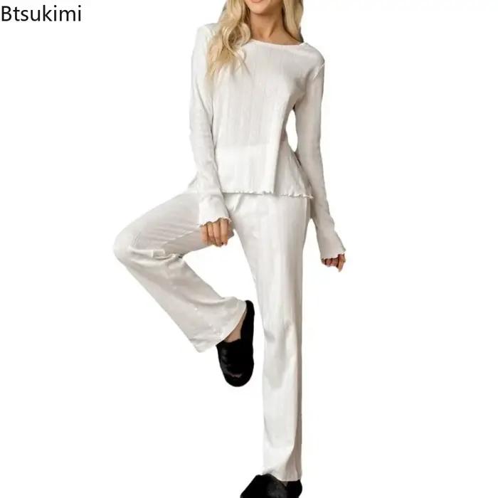 Pyjama de loisirs en Jacquard pour femmes, vêtements de maison, manches longues, pantalon Long, ensemble deux pièces, décontracté, ample, couleur unie, vêtements de maison, printemps