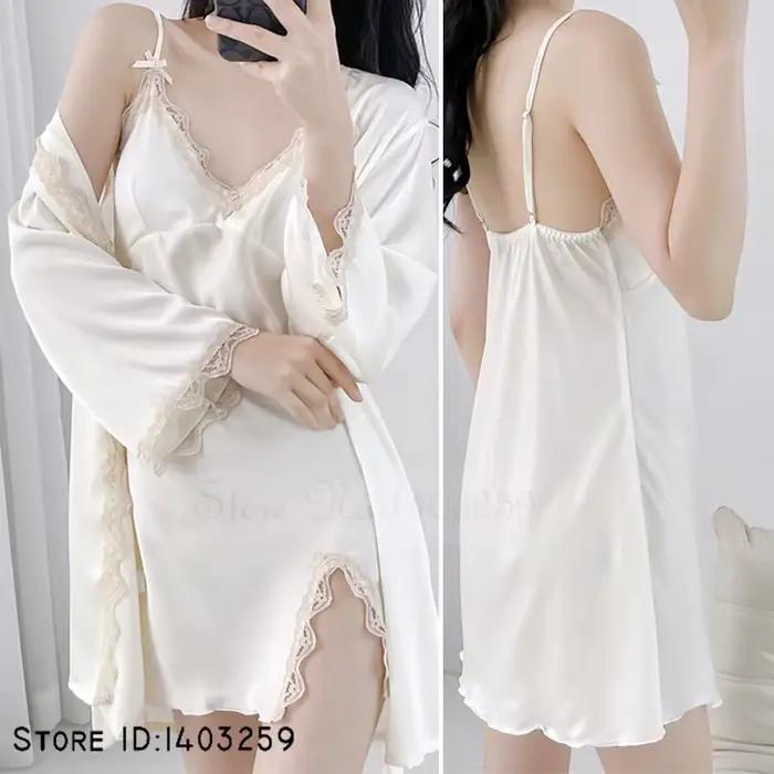 Ensemble de Robe de Mariée Blanche, Kimono Sexy en Rayonne, Chemise de Nuit, Garniture en Dentelle, Vêtements de Maison Décontractés, Lingerie, 2 Pièces