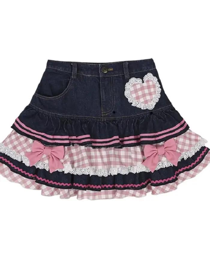 Jemná japonská Lolita mini sukňa plesové šaty pre ženy Harajuku roztomilá džínsová