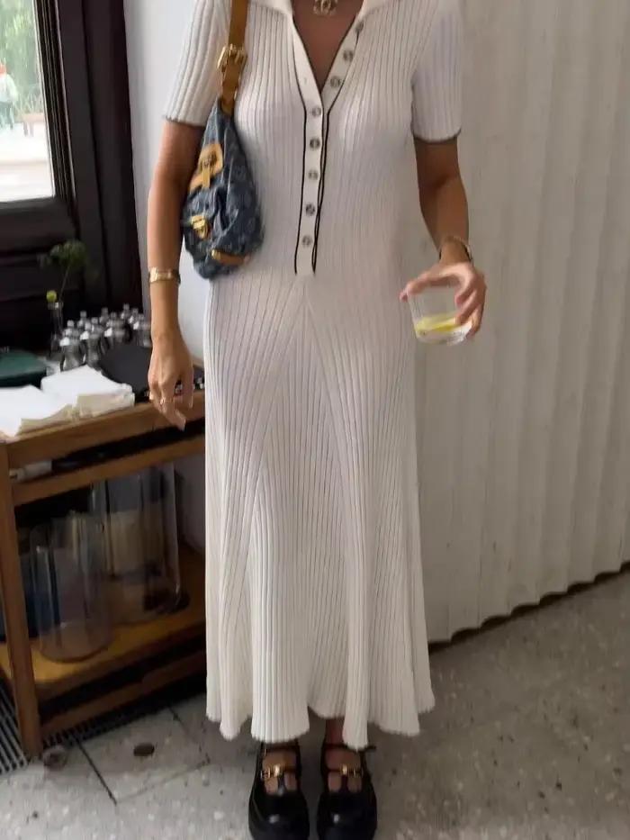 Tossy biele pletené módne maxi šaty pre ženy s krátkymi rukávmi Patchwork elegantné večerné