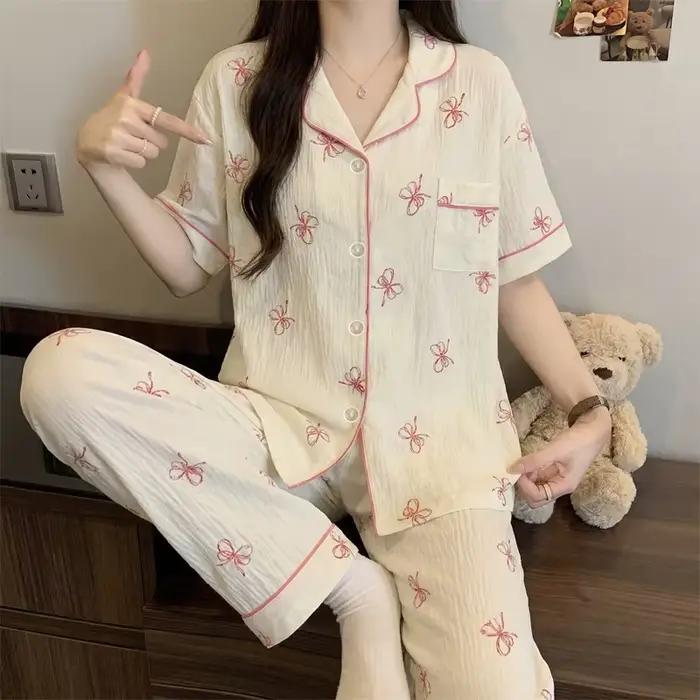 Pyjama doux à nœuds de style français pour femme : ensemble d'été à manches courtes et pantalon long avec imprimé nuage, vêtements de détente en coton doux et confortable