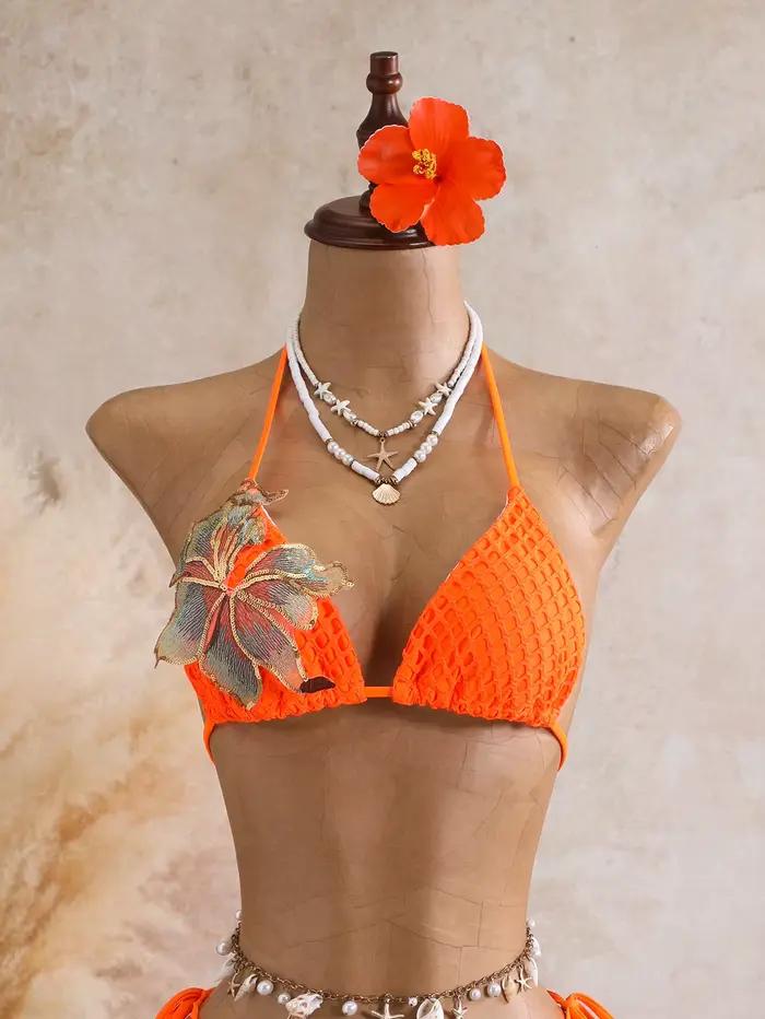 Sexi oranžový 3D kvetinový bikini set pre ženy 2026