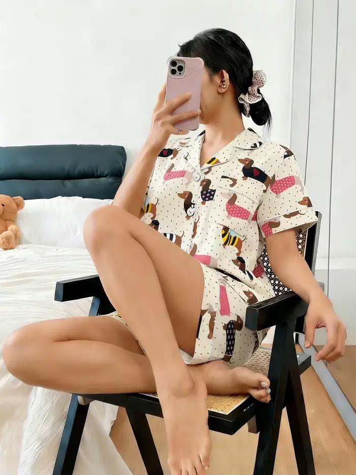 Pyjama femme 2 pièces avec cardigan à revers et short à manches courtes, imprimé Teckel, style mignon, pour le printemps et l'été, vêtements d'intérieur et de détente