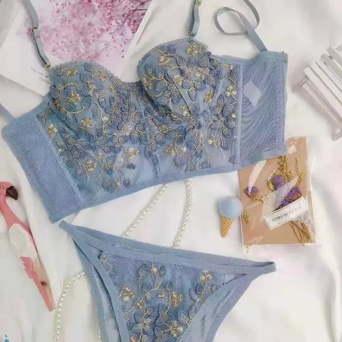 Ensemble de sous-vêtements sexy en dentelle brodée pour femmes, lingerie rétro, soutien-gorge confortable, soutien-gorge push-up, ensembles de culottes de mariage