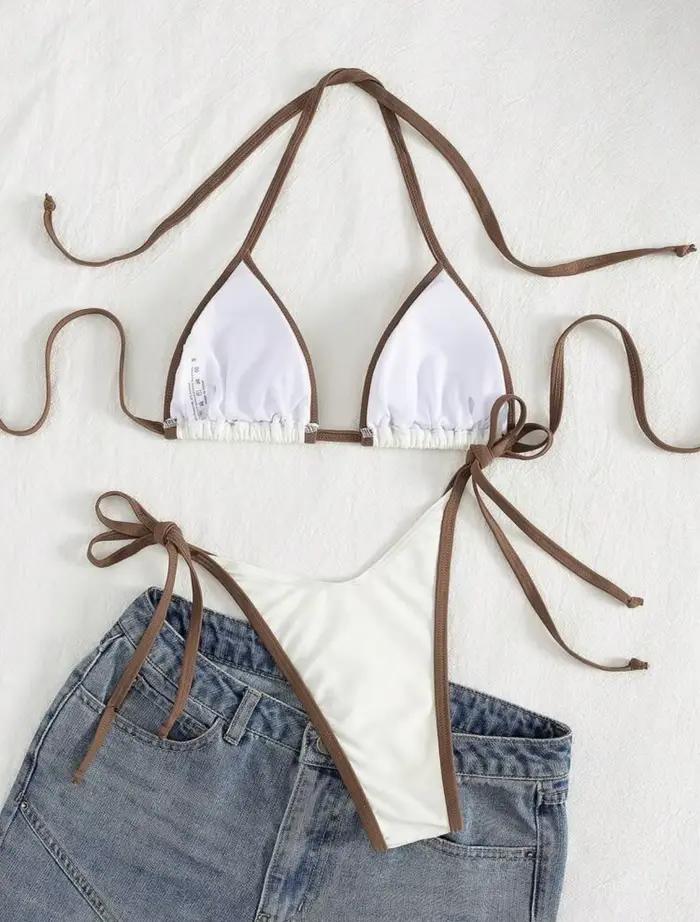 Sexy béžový kontrastný bikini set 2025 ženy lano push up podprsenka kravata bok tanga plavky leto