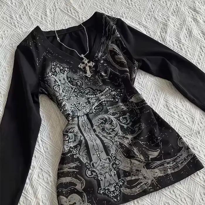 Dámske hip hop 90s vintage punk tričko jeseň streetwear sexy krátky rukáv gotické štíhle krátke top hotgirl dekorácia