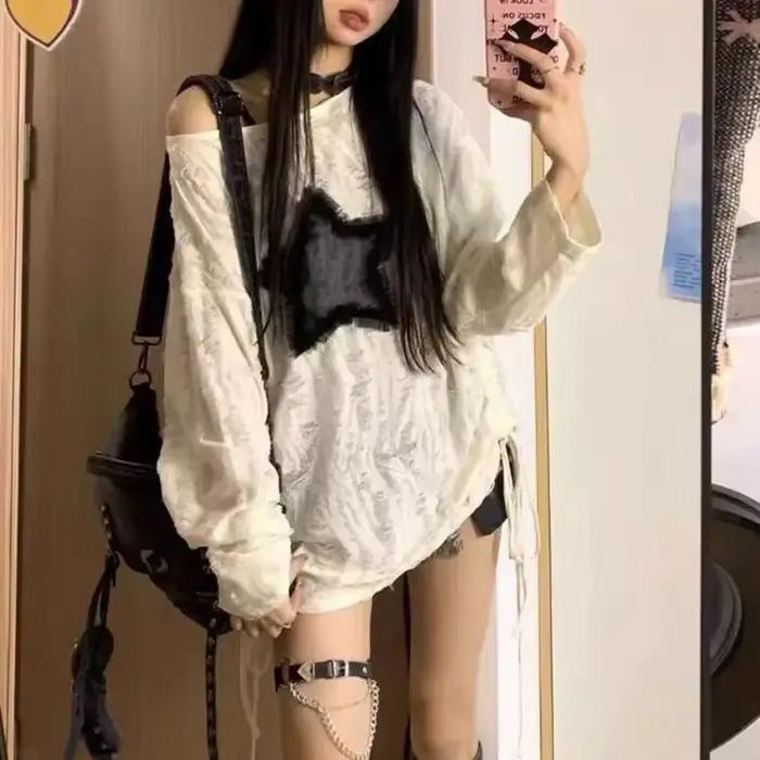 Y2K dierová hviezda potlač tričko ženy móda Streetwear holé ramená topy leto oversized Kpop dlhé rukávy t-sh