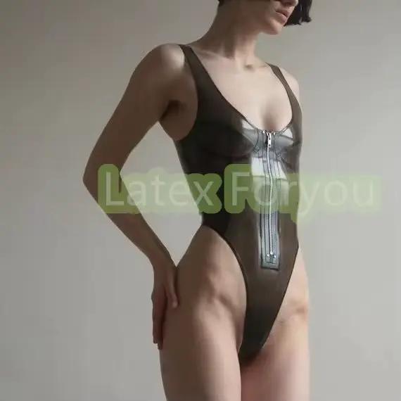 Priehľadné čierne latexové plavky pre ženy s predným zipsom