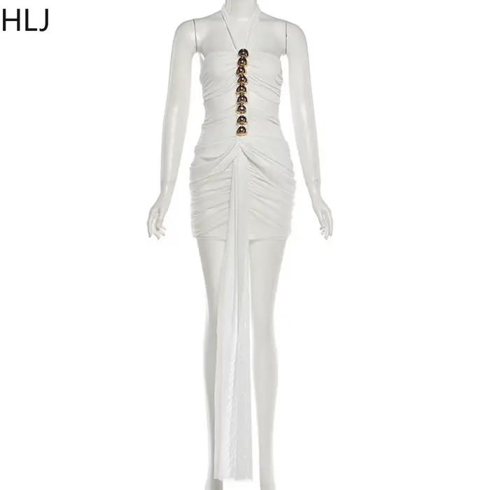 HLJ Robe moulante sexy à col licou pour femme, en maille unie transparente, sans manches, dos nu, pour club, soirée, anniversaire, Vestidos