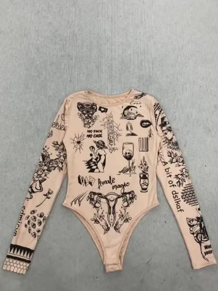 Dlhorukávové body s potlačou tetovania nude pre ženy, Y2K strih