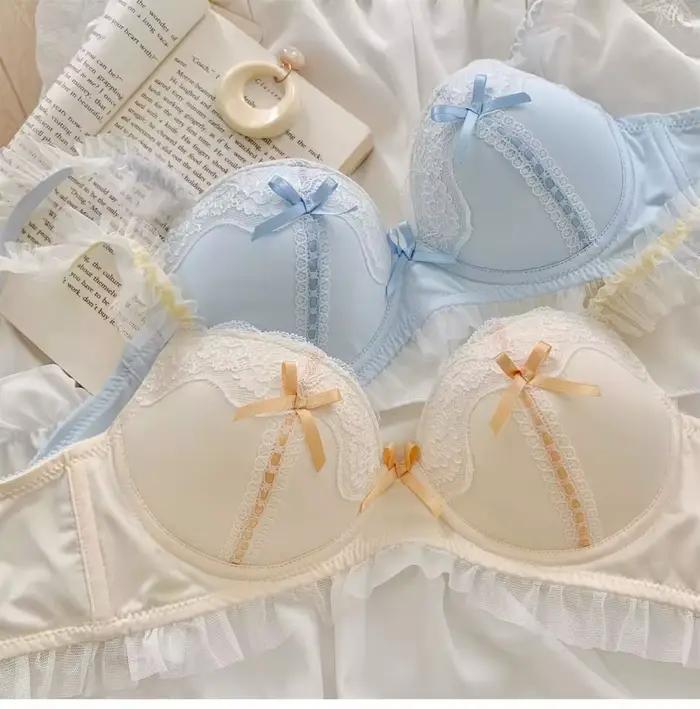 Dentelle douce, lingerie de style princesse Lolita, petits seins froncés pour femmes, sans anneaux en acier, soutien-gorge mignon
