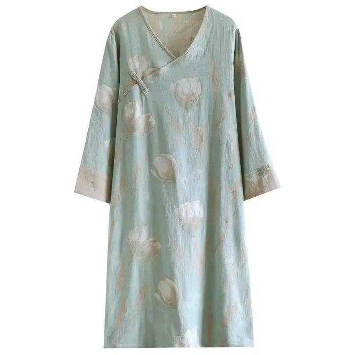 Chemise de nuit en coton pur teint en fil de style chinois pour femmes, vêtements de détente en gaze fine, rétro, manches longues, col en v, ample, automne