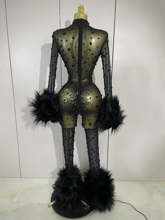 Luxusné čierne diamantové sieťované priehľadné elastické body s dlhým rukávom pre ženy Sexy Performance spevák Cos