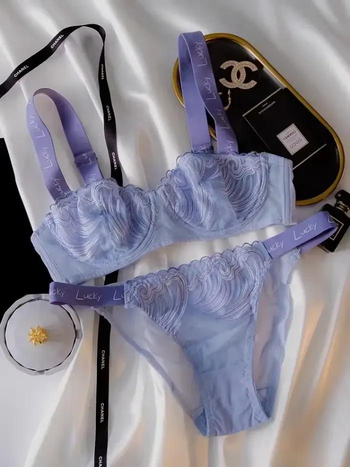 MOYISU Ensemble soutien-gorge et culotte en dentelle bleu porte-bonheur français – Bralette transparente demi-tasse, lingerie sexy ultra fine pour femme, sous-vêtements romantiques