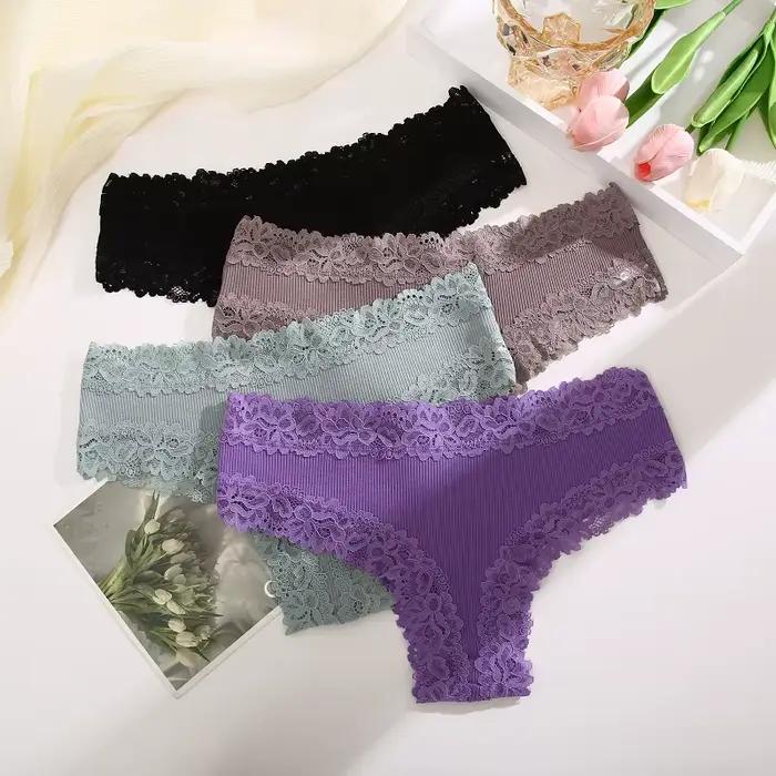 Culotte brésilienne sexy en dentelle pour femmes, lingerie en coton doux, taille basse, solide, sous-vêtements respirants