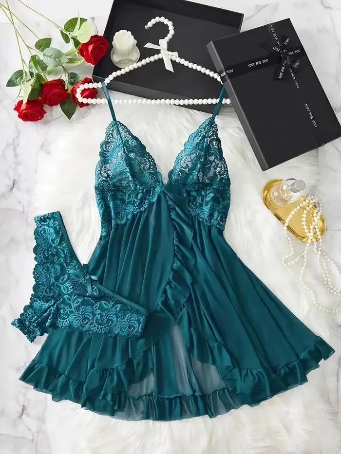 Femmes Chemise de nuit Sexy dentelle Chemise nœud Chemise de nuit vêtements de nuit solide mince robes douces col en V complet Slip vêtements de nuit et robes