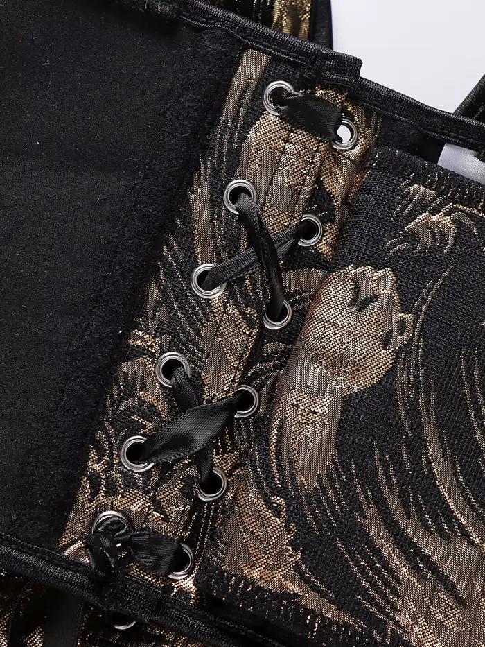 Corset pour femme noir et or, jacquard baroque, avec nœud à nouer, larges bretelles, décolleté en V profond sur le devant et au dos, à lacets, bustier structuré