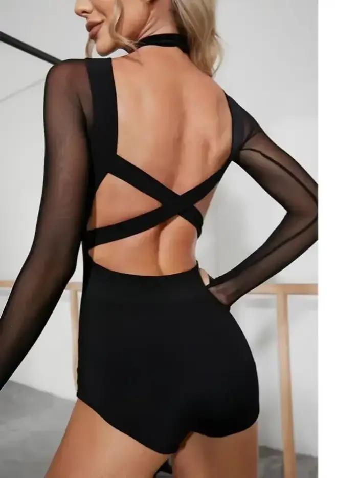 Haut de corps de danse latine pour femmes, maille noire, joint, dos nu, paire de ceintures, robe de danse, Lingerie, entraînement, Performance, pôle danse