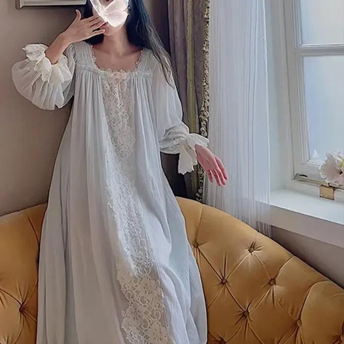 Chemise de nuit brodée en dentelle douce, chemise de nuit en coton, chemise de nuit sexy, col carré français, manches longues, princesse vintage, longue