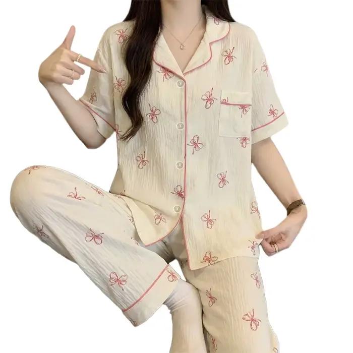 Pyjama doux à nœuds de style français pour femme : ensemble d'été à manches courtes et pantalon long avec imprimé nuage, vêtements de détente en coton doux et confortable