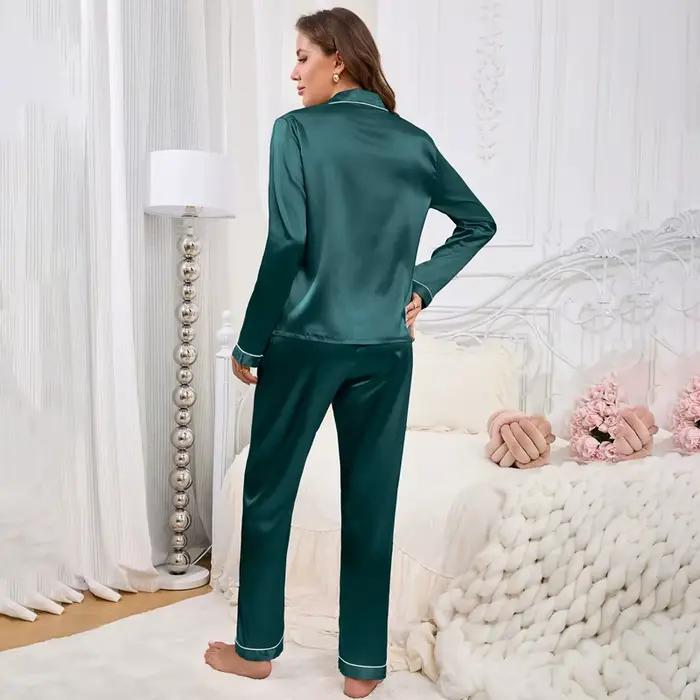 Pyjama en Satin pour femmes, vêtements de maison, manches longues, poches, hauts et pantalons brodés en forme de cœur, vêtements de détente, ensemble Pj, automne