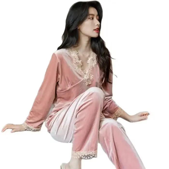 Ensemble de pyjamas en velours pour femmes, automne-hiver, manches longues, pantalon long, vêtements de maison, confortables, décontractés, élégants, vêtements de nuit