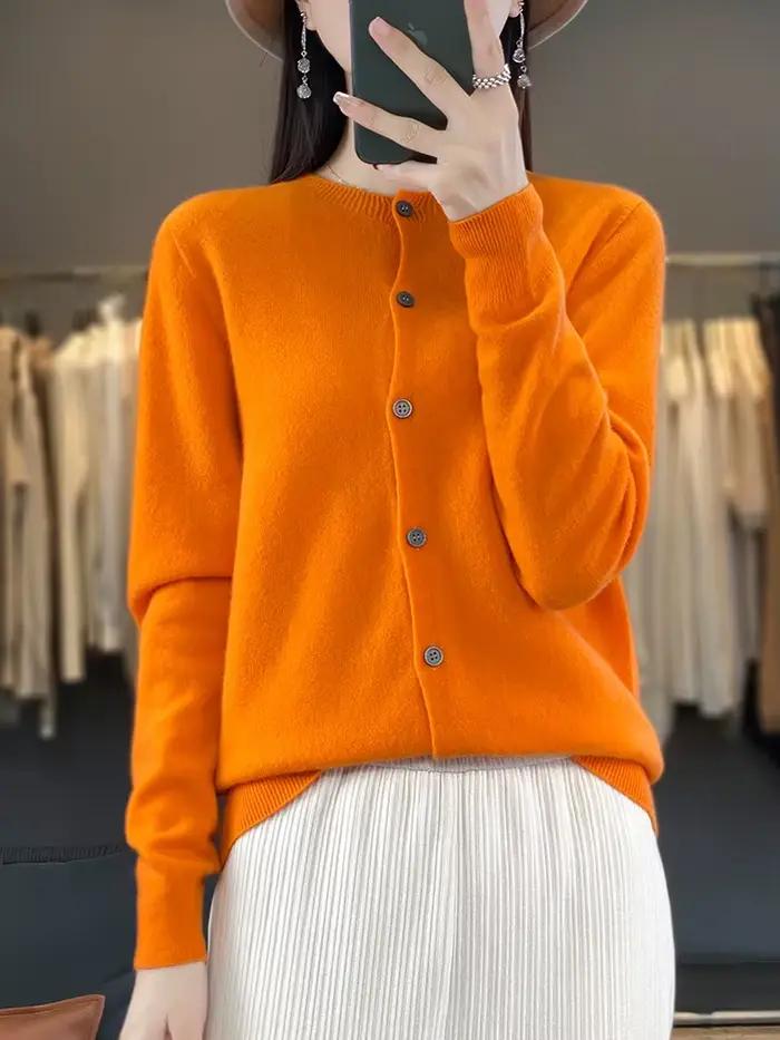 100% merino vlna pulóver pre ženy okrúhly výstrih Cardigan základný štýl gombíkový úplet pre