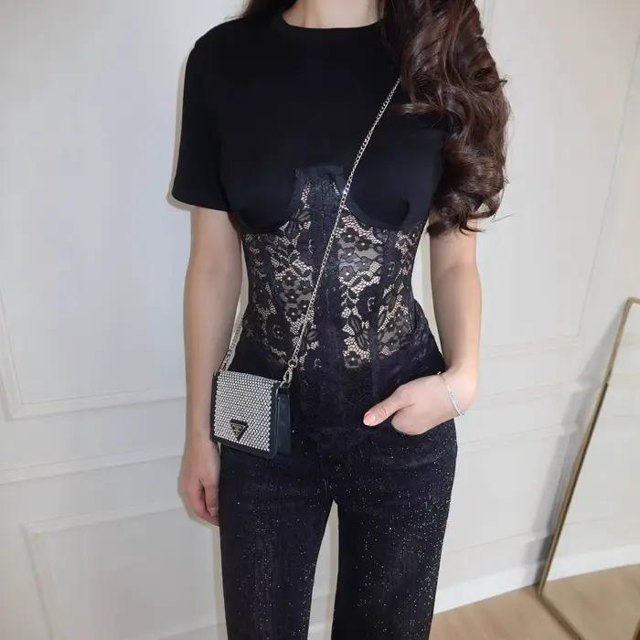 T-shirt corset en dentelle blanche pour femme, manches courtes, col rond, patchwork, haut en maille transparente, élégant, streetwear Y2K, coupe ajustée