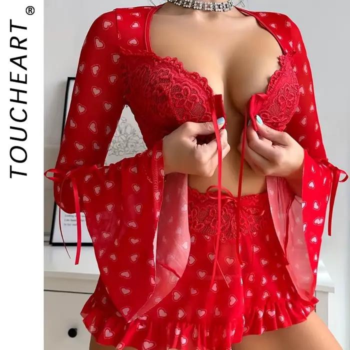 Toucheart 3-dielna priesvitná sexy bielizeň pre ženy červená láska podprsenka sieťovaná patchwork nariasená šnurovaná