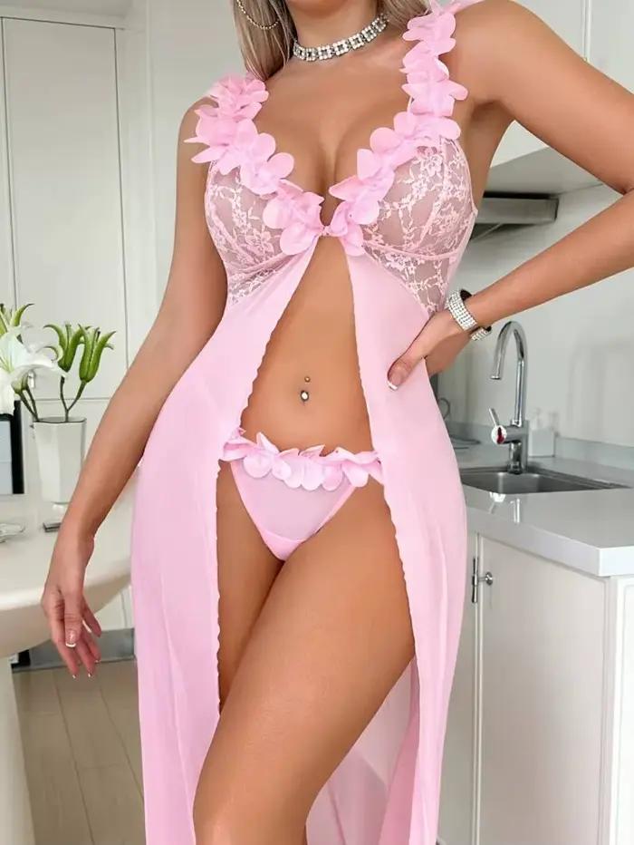 Pyjama Sexy pour femmes, garniture en dentelle fendue, Transparent, dos nu, bretelles en V profond, robe sans manches, pur désir charmant 0FE5