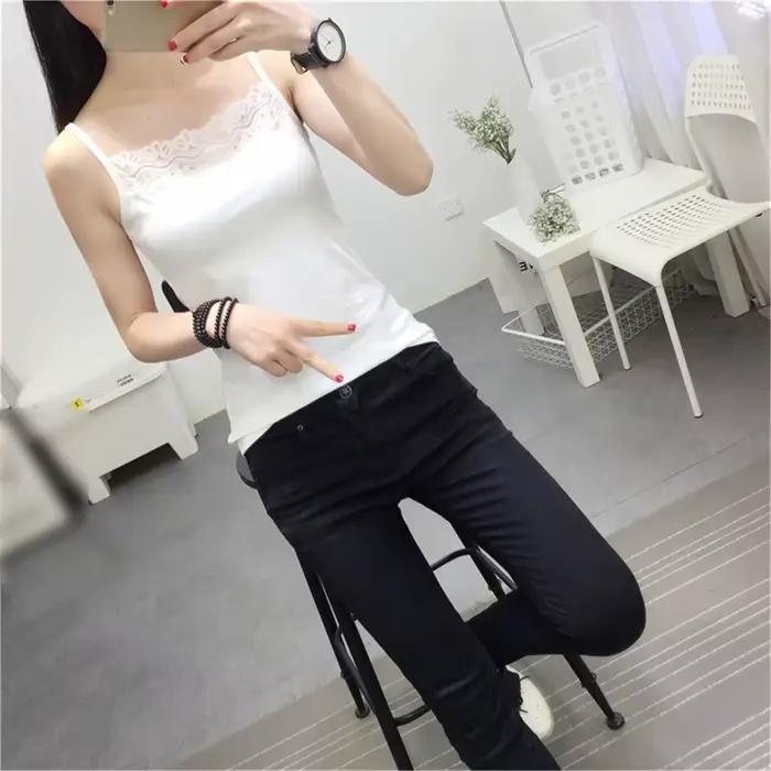 Camisole à bretelles spaghetti pour femmes, dentelle précieuse, caraco d'été, haut court, écharpe de base solide, t-shirt en fibre, mode
